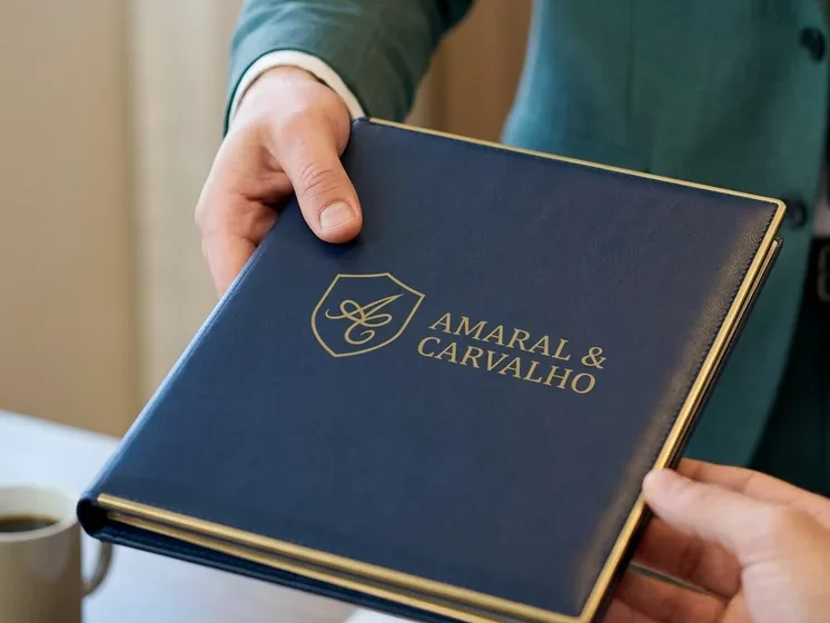 Advogado entregando pasta com a marca Amaral & Carvalho