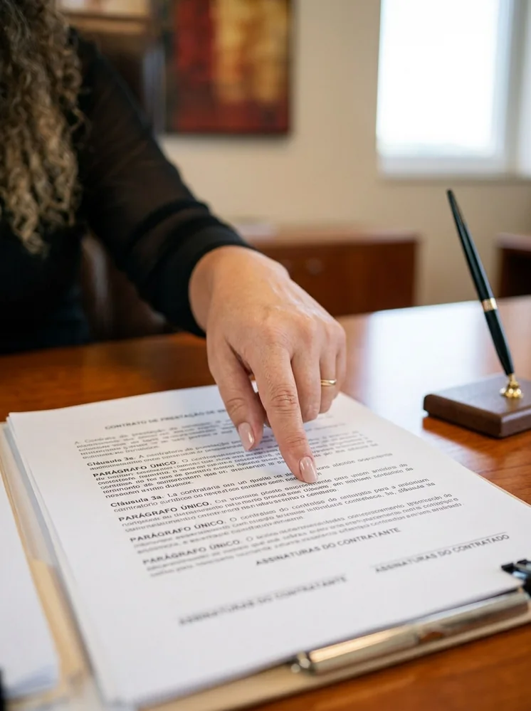 Dedo apontando cláusula de um contrato